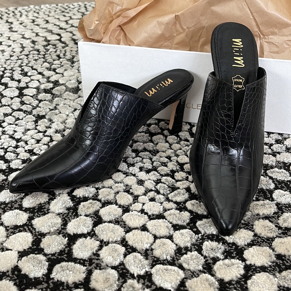 NIB Genuine Leather Black Croc Heeled Mules - Size 6, Size 7, Size 8